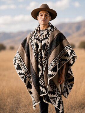Handwoven Unisex Native American Hooded Wool Poncho - 100% Wool Pullover Coat